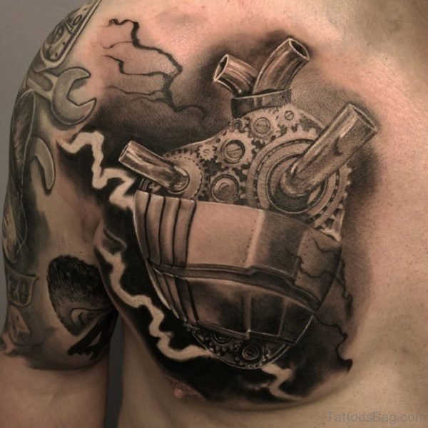 Awesome Black And Grey Mechanical Heart Tattoo On Chest