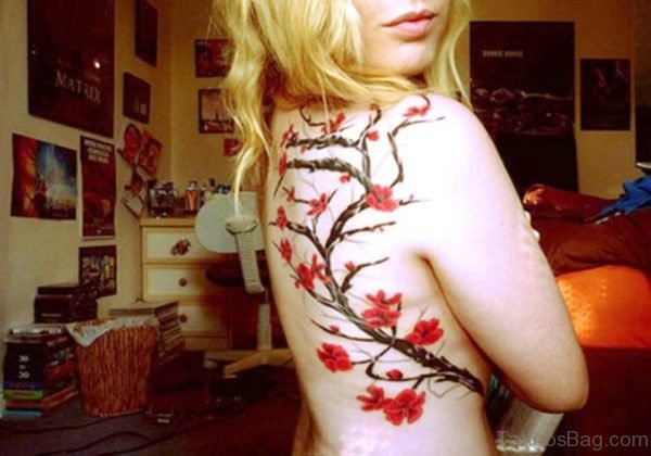 Awesome Cherry Blossom Flowers On Shoulder Back 