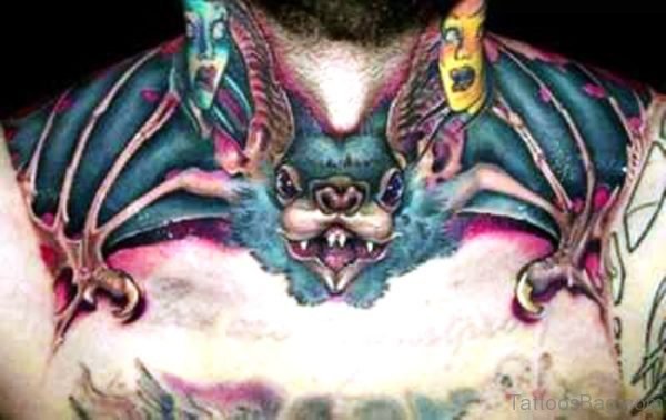 Awesome Colorful Bat Tattoo On Chest