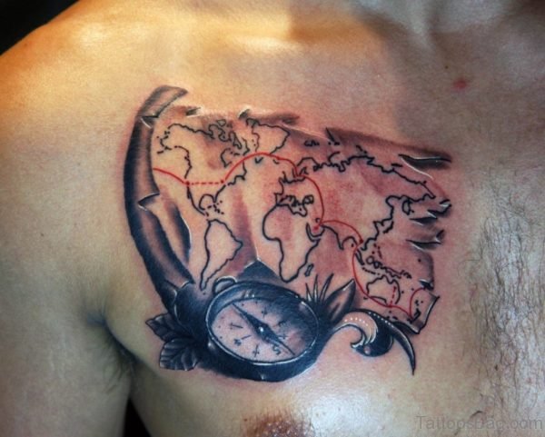 Awesome Compass And Map Tattoo On Chest
