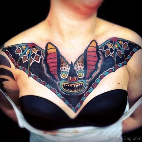 Awesome Design Bat Tattoo On Chest