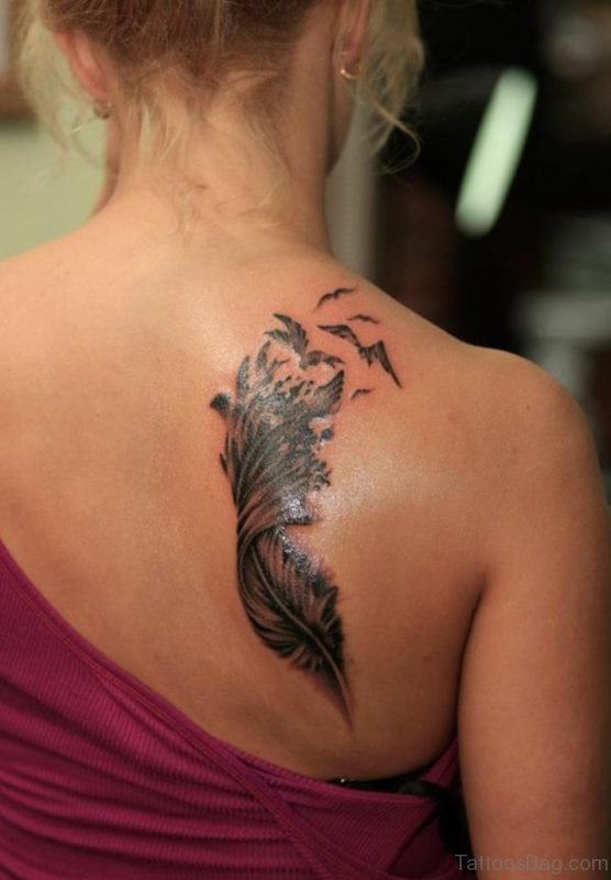 Awesome Feather Tattoo On Back