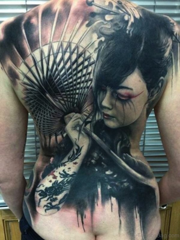 Awesome Geisha Tattoo On Back