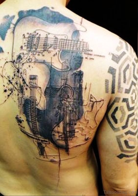 Awesome Guitar Tattoo On Back