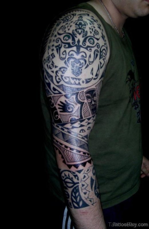 Awesome Maori Tribal Tattoo On Full Sleeve