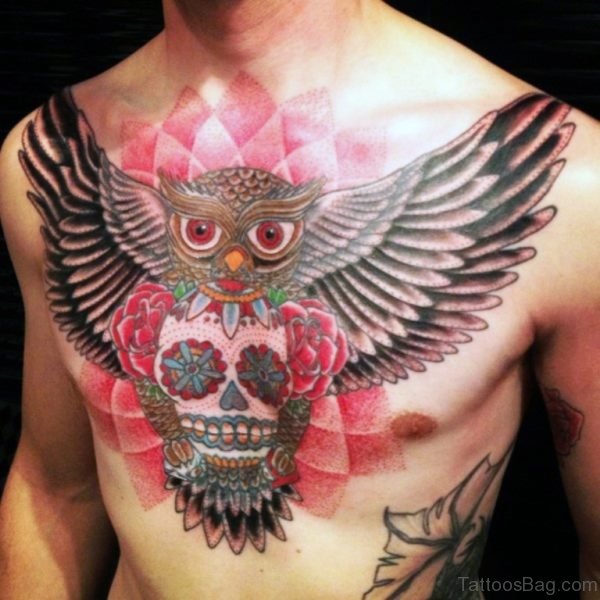 Awesome Men Owl Sugar Skull Tattoo On Chest