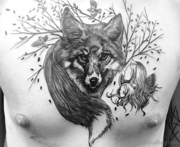 Awesome Wolf Head and Tail Tattoo On Chest