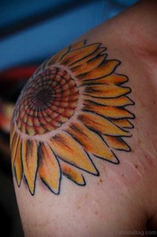 Awesome Yellow Sunflower Tattoo For Shoulder