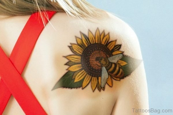 Awesome Yellow Sunflower Tattoo On Shoulder