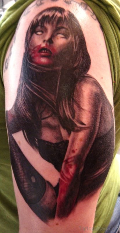 Awesome Zombie Tattoo Girl On Shoulder