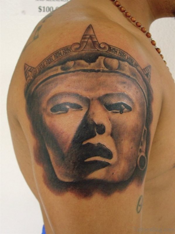 Aztec Mask Tattoo On Shoulder