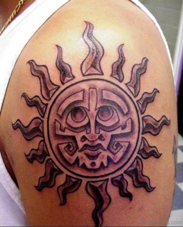 Aztec Sun Tattoo On Shoulder 