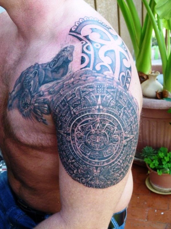 Aztec Tribal Tattoo On Left Shoulder 