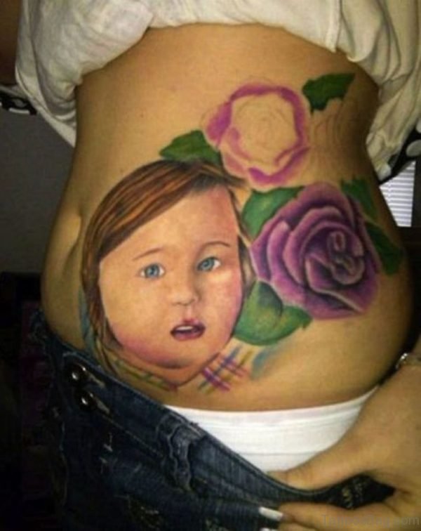 Baby Girl Tattoo With Flowers On Rib Sid