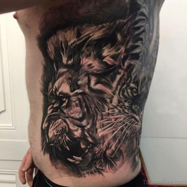 Balck Lion Tattoo On Rib