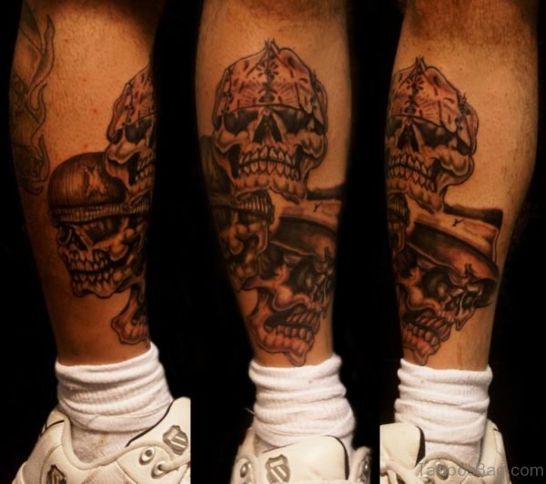 Balck Skull Tattoo On Leg