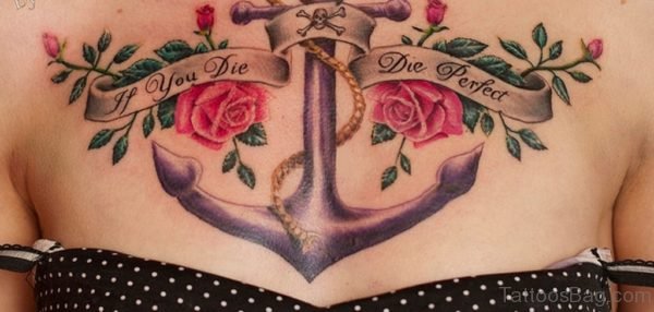 Banner Anchor & Roses Tattoo On Chest
