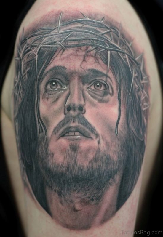 Barbed Jesus Head Tattoo On Shoulder