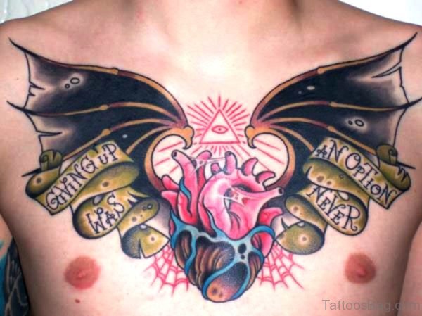 Bat Tattoo With Heart Design On Chest