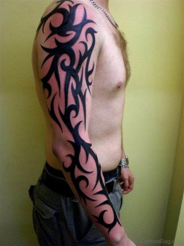 Beautiful Black Tribal Tattoo On Full Sleeve For Men
