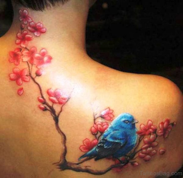 Beautiful Blue Bird And Blossom Flower Tattoo 