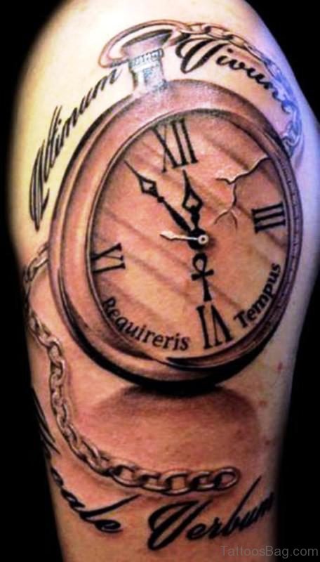 Beautiful Clock Tattoo On Right Shoulder 