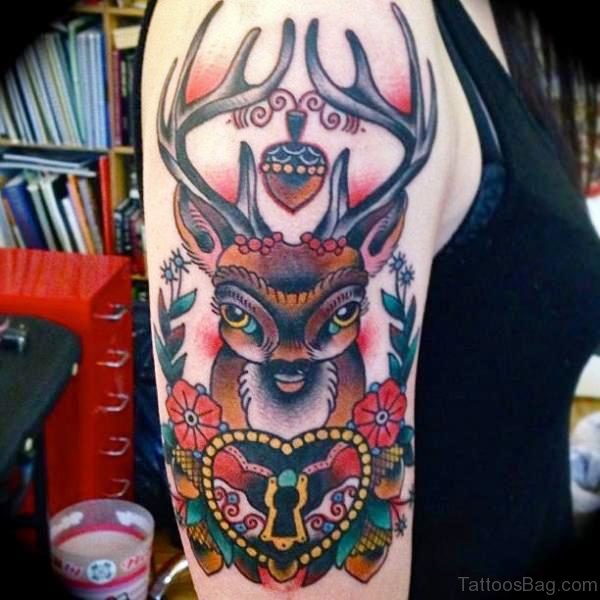 Beautiful Colorful Buck Tattoo On Shoulder