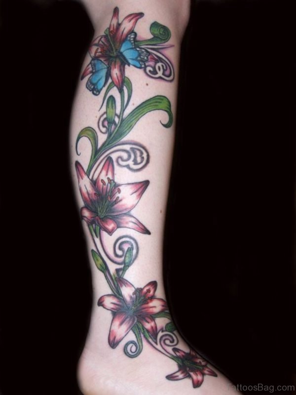 Beautiful Flowers Tattoo On Leg