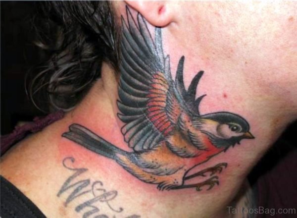 Beautiful Flying Bird Tattoo On Neck