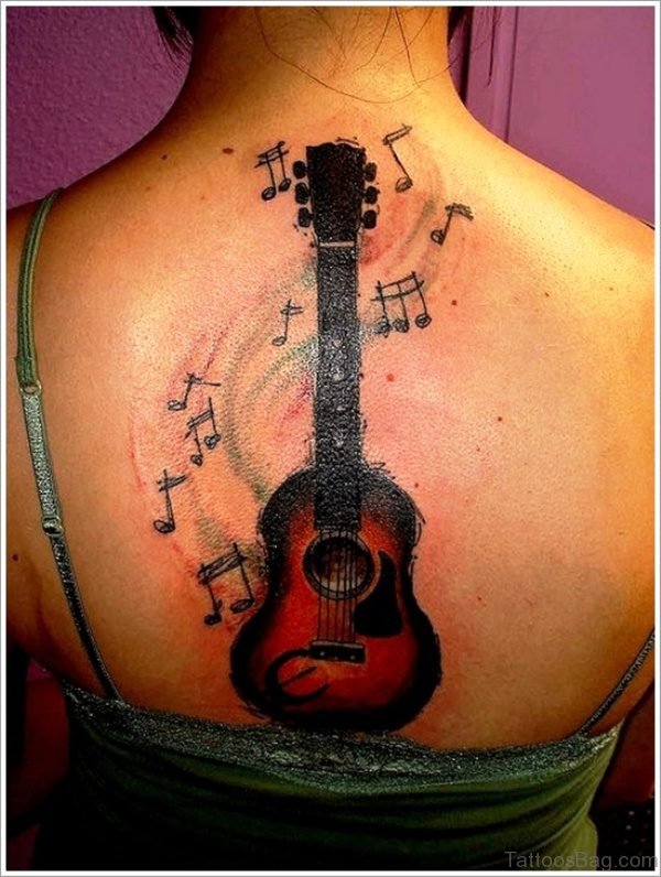 Beautiful Guitar Tattoo On Back