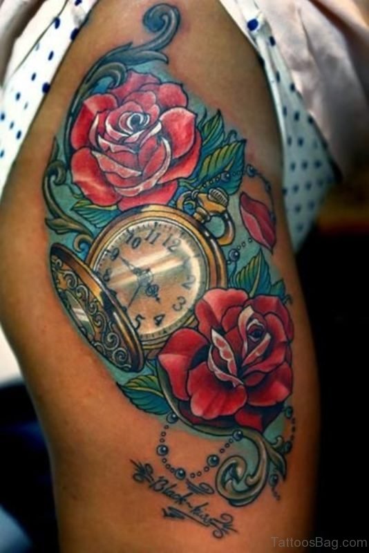 Beautiful Rose And Clock Tattoo