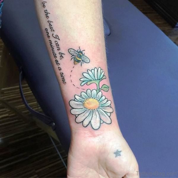 Bee With Daisy Flower Tattoo