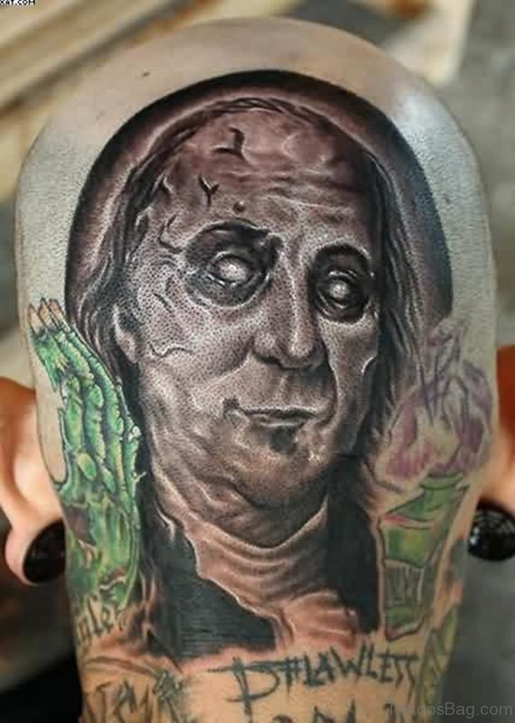 Ben Franklin Zombie Tattoo On Shoulder