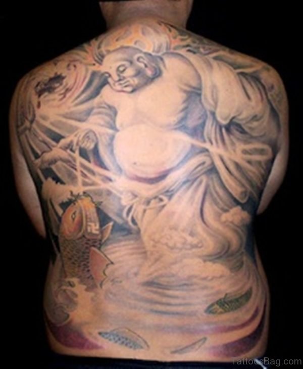Big Buddha With Koi Fish Tattoo On Back