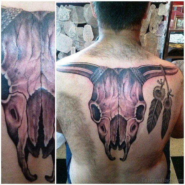 Big Bull Head Skull Tattoo On Back