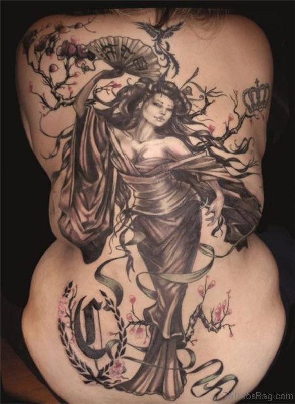 Big Geisha Tattoo On Back Body