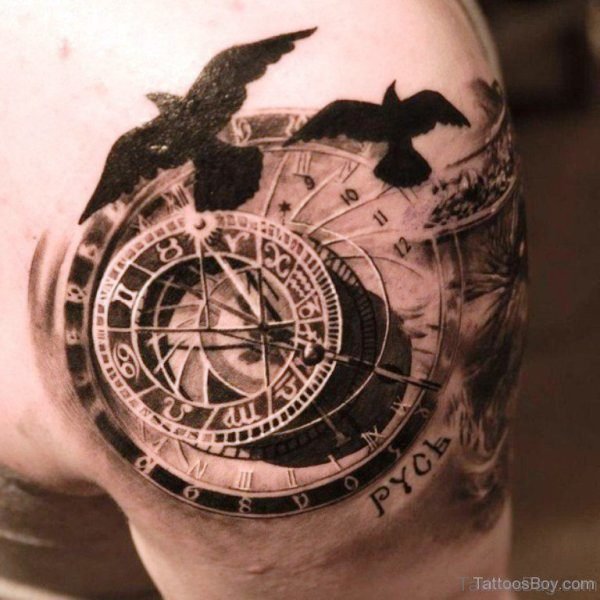 Bird And Clock Shoulder Tattoo