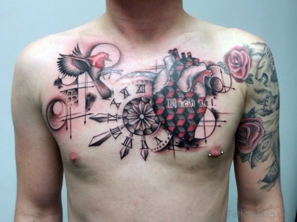 Bird Clock And Heart Tattoos On Chest
