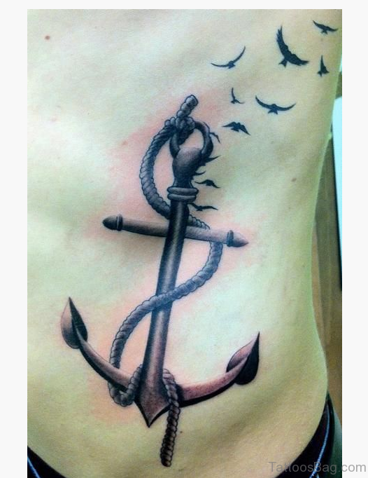Birds and Anchor Tattoo On Rib