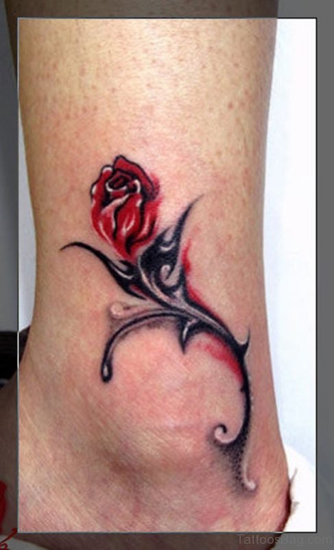 Black 3D Rose Tattoo On Right Ankle
