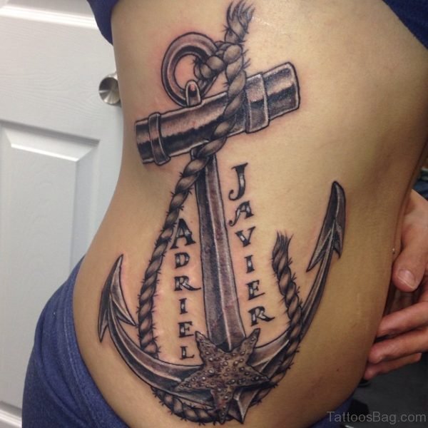 Black And Grey Color Anchor With Starfish And Rope Tattoo On Side Rib