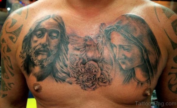 Black And Grey Jesus Saint Mary Tattoo