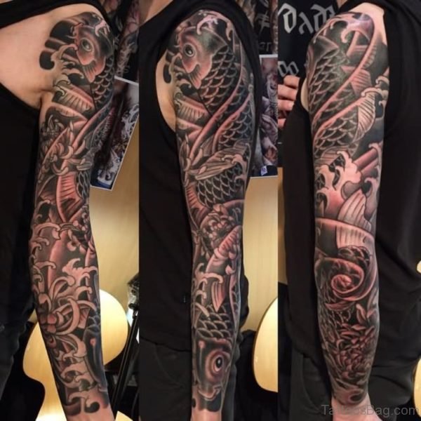 Black And Grey Koi Fishes Tattoo On Full Sleeve