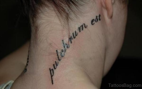 Black And Grey Lettering Tattoo On Neck