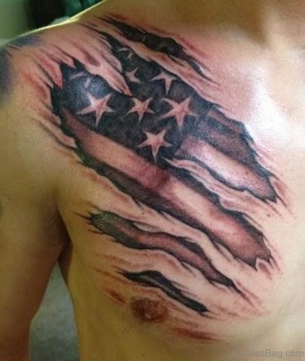 Black And Grey Ripped Skin USA Flag Tattoo On Man Right Chest