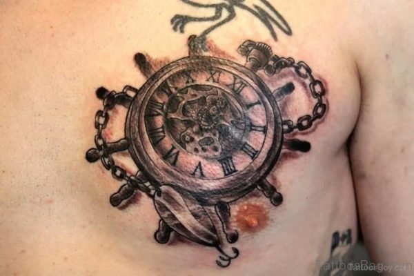 Black And Grey Sailor Clock Tattoo On Man Chest
