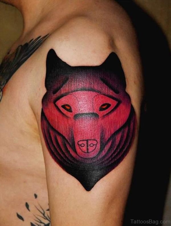Black And Red Ink Wolf Tattoo on Left Shoulder