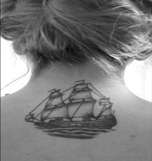Black And White Ship Neck Tattoo