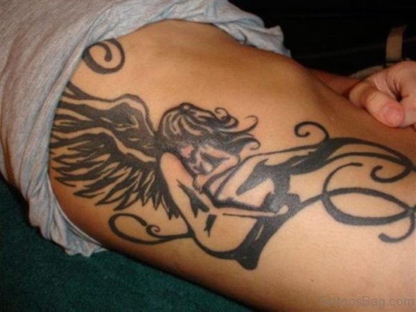 Black Angel Tattoo On Rib
