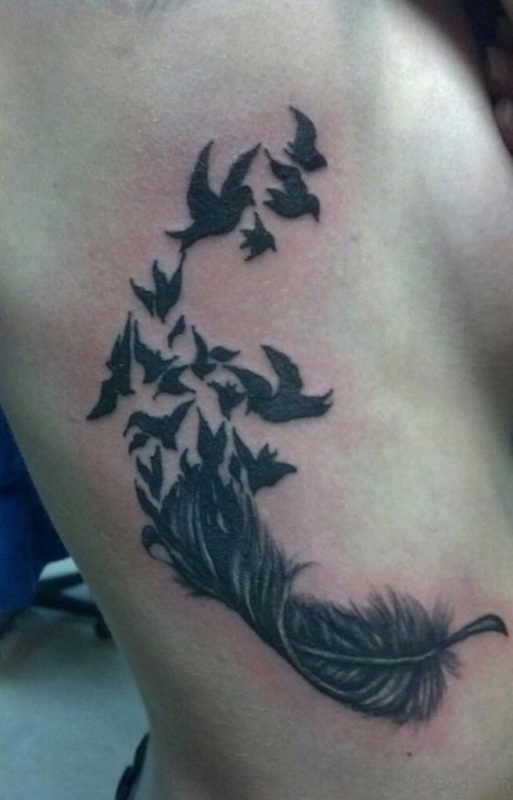 Black Birds And Feather Tattoo